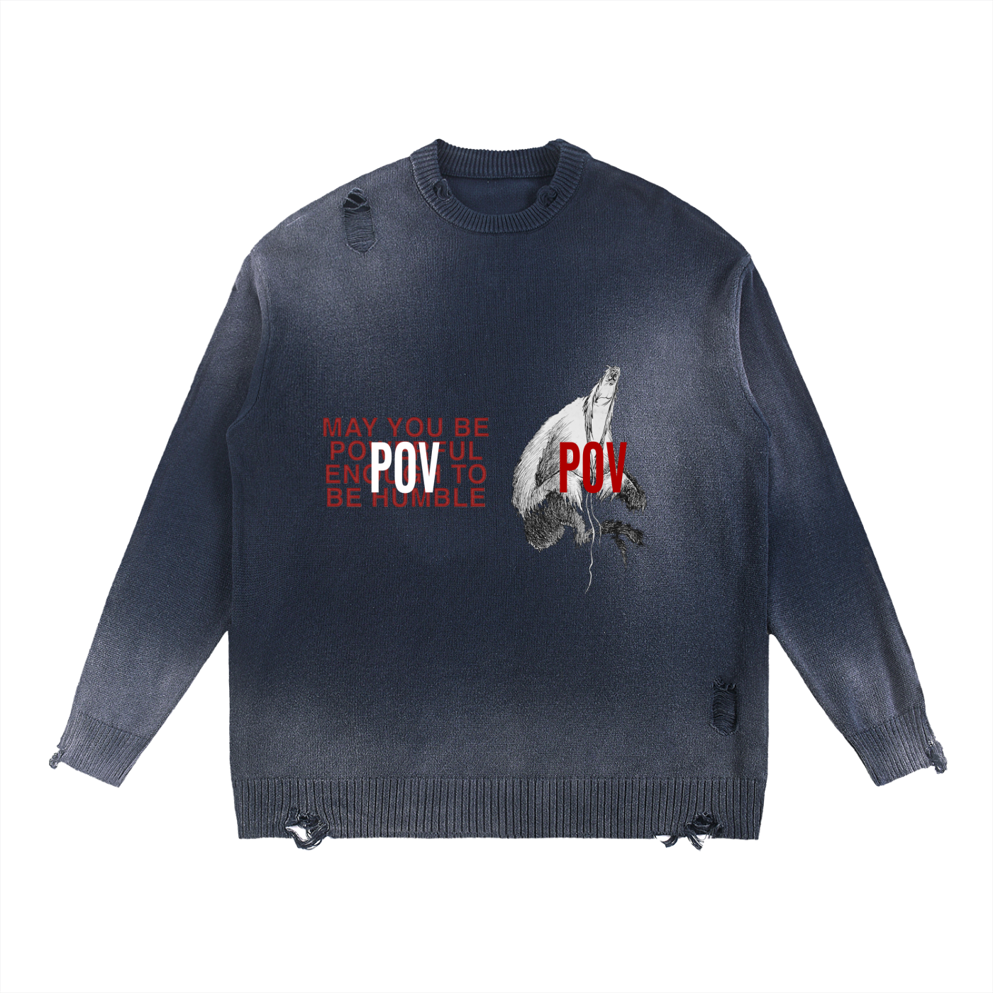 POV Fade Distressed Ripped Crewneck sweater