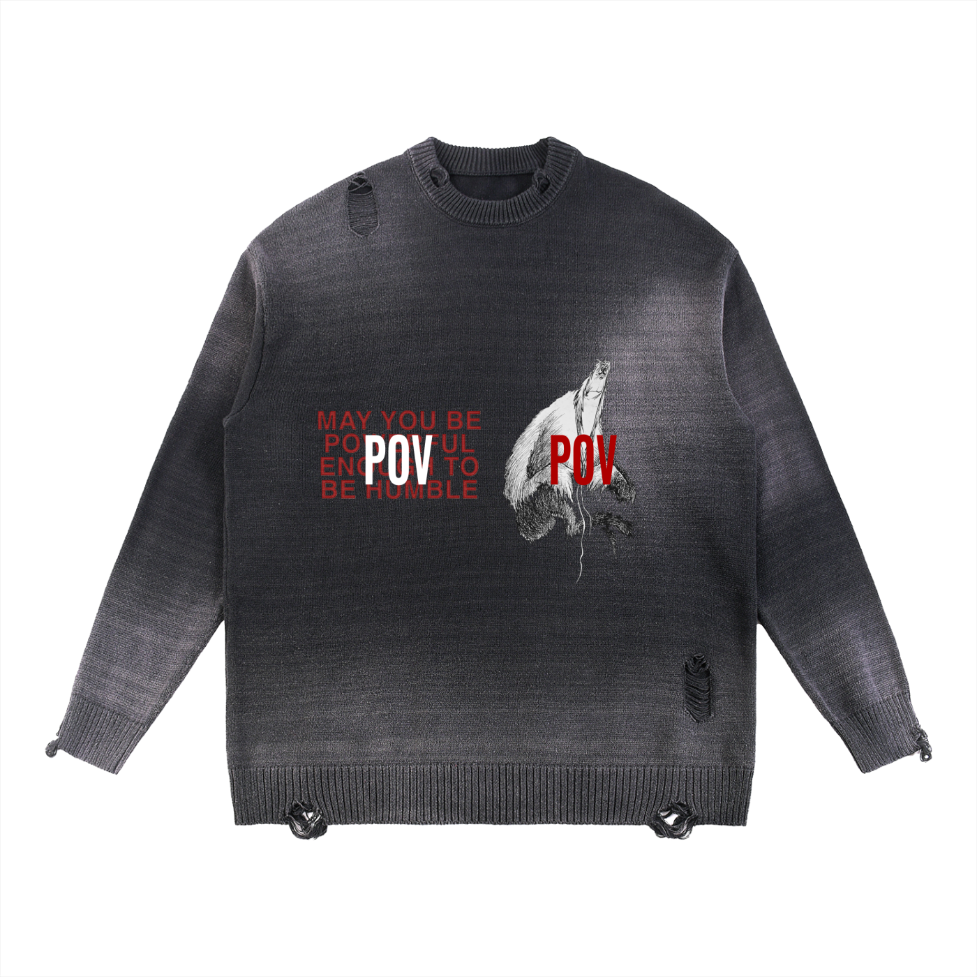 POV Fade Distressed Ripped Crewneck sweater